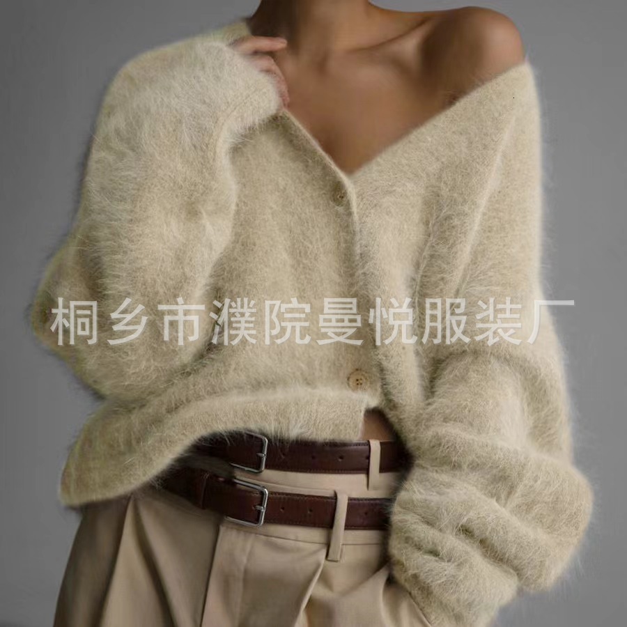 Imitation mink wool knitted cardigan 2024 autumn/winter lazy loose long sleeved V-neck sweater jacket for women