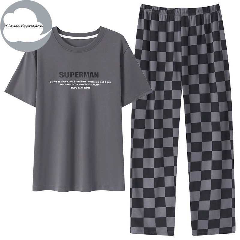 Summer Knitted Plaid Cool Mens Pyjamas Pajama Sets Casual Pjs Lounge Masculine Sleepwear Nightwear Pijamas 3XL Homewear Fashion Y240913