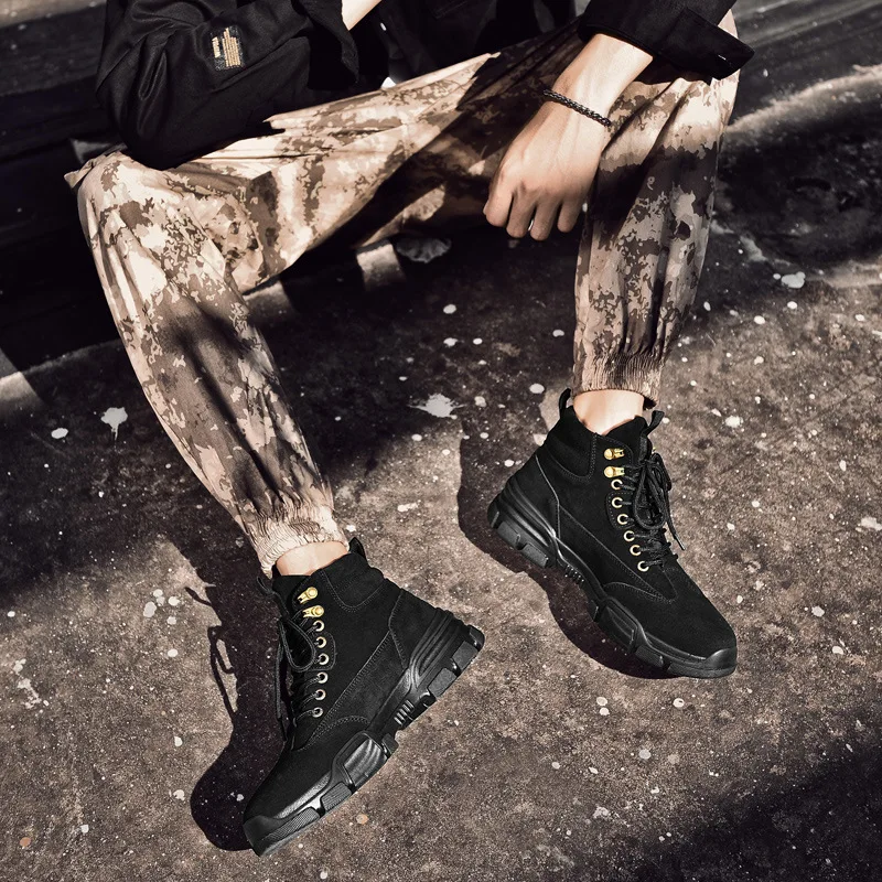 Retro Platform Boots Men Black High Top Warm shoes Boots Leather Breathable Comfortable Tooling Shoes Male Desert Boot