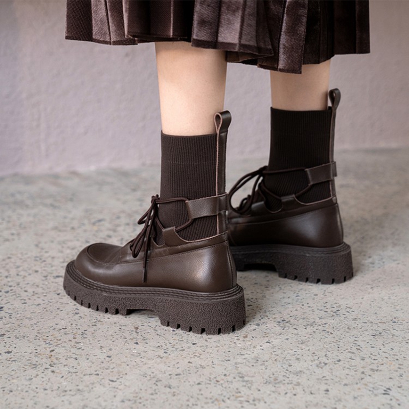 Genuine Fashin Leather Platform Fall Shoes 2021 Winter Round Toe Low Thick Heel Women Boots dc26