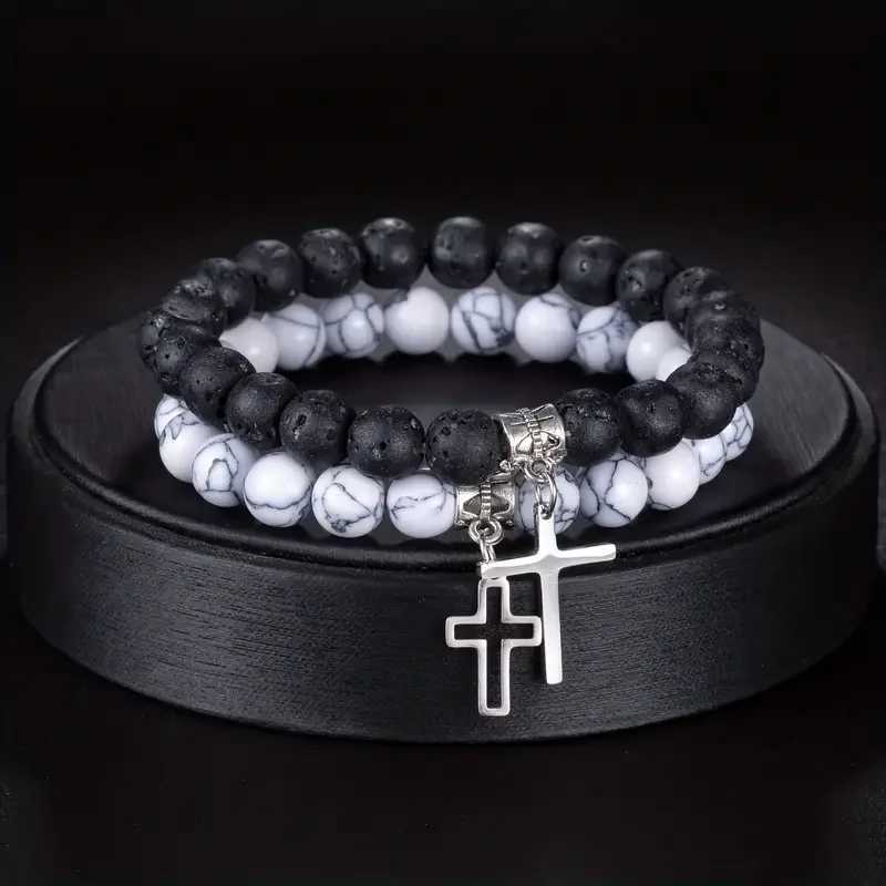 Niche Classic Design White Pine Matte Stone Magnet Love Gossip Cross Astronaut Bead Bracelet Two Piece Set W240913