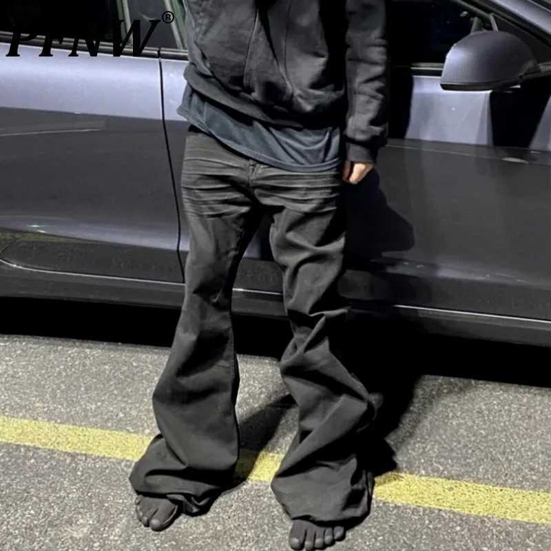 PFNW Mens Denim Pants High Street Wide-leg Flared Jeans Summer New Trendy MALE Straight Trousers Black Dark Style M240912