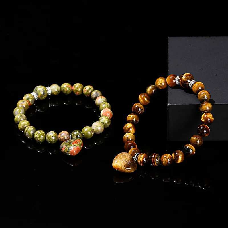 JD Natural Pink Quartz Yellow Tiger Eye Unakite Heart shaped Pendant Beaded Bracelet for Womens Lover Elegant Handmade Stretch Treatment Gift W240913