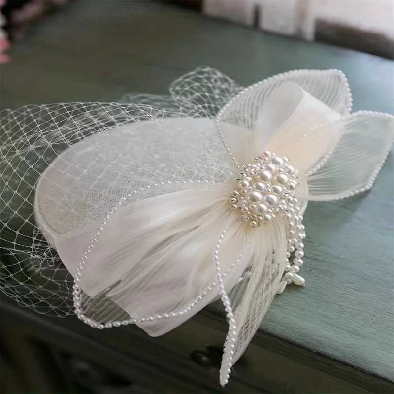 Brides Wedding Gown Headdress Vintage Elegant Mesh Top Hat Female White Fairy Hanfu Hair Accessories Super Fairy Pearl HeaddresX240913