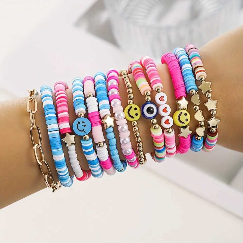 Vedawas 9 pieces/set Bohemian handmade bead polymer clay bracelet set cute party smiley face love pentagonal womens accessories W240913