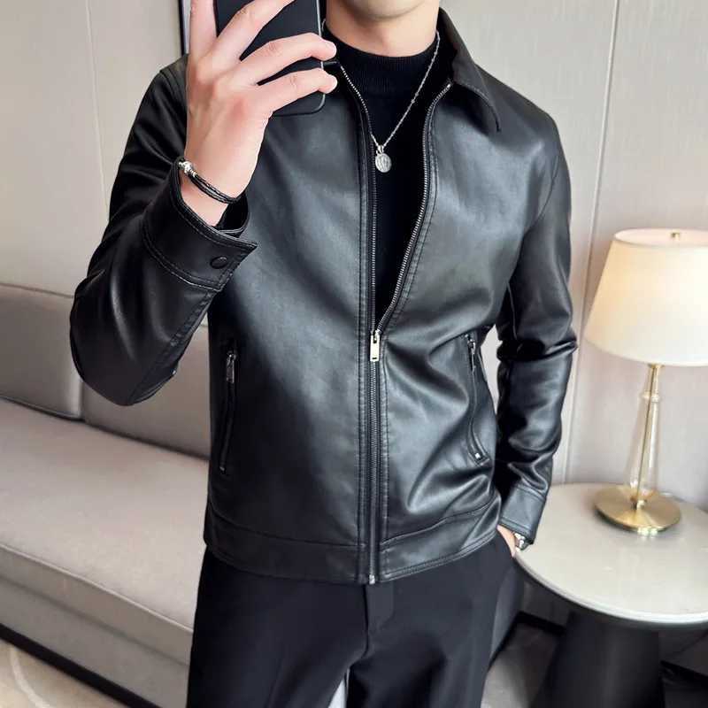 Mens Motorcycle Leather Jacket Large Size Pocket Black Zipper Lapel Slim Fit Male Spring Autumn High Quality PU CoatX240913
