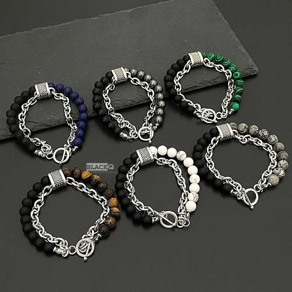 2-layer frosted black stainless steel chain bracelet mens tiger eye natural stone bead bracelet mens bead bracelet W240913