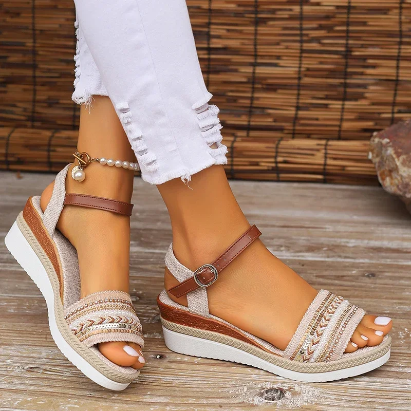 2025 new Women's Braided Casual Sandals Buckle Strap Platform Wedge Sandles for Women Summer Light Non Slip Walking Sandalias Mujer 3df0