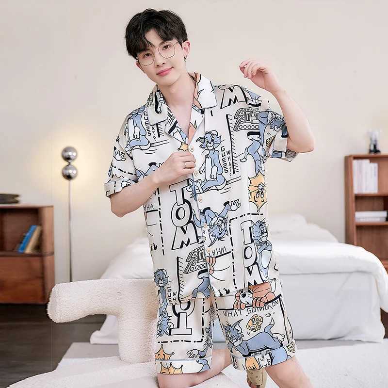 2024 Summer Men Sleepwear Big Size Pajamas Male Ice Silk Cute Pijama With Shorts Pants Satin Nightwear Clothes Modern Nightgown Y240913