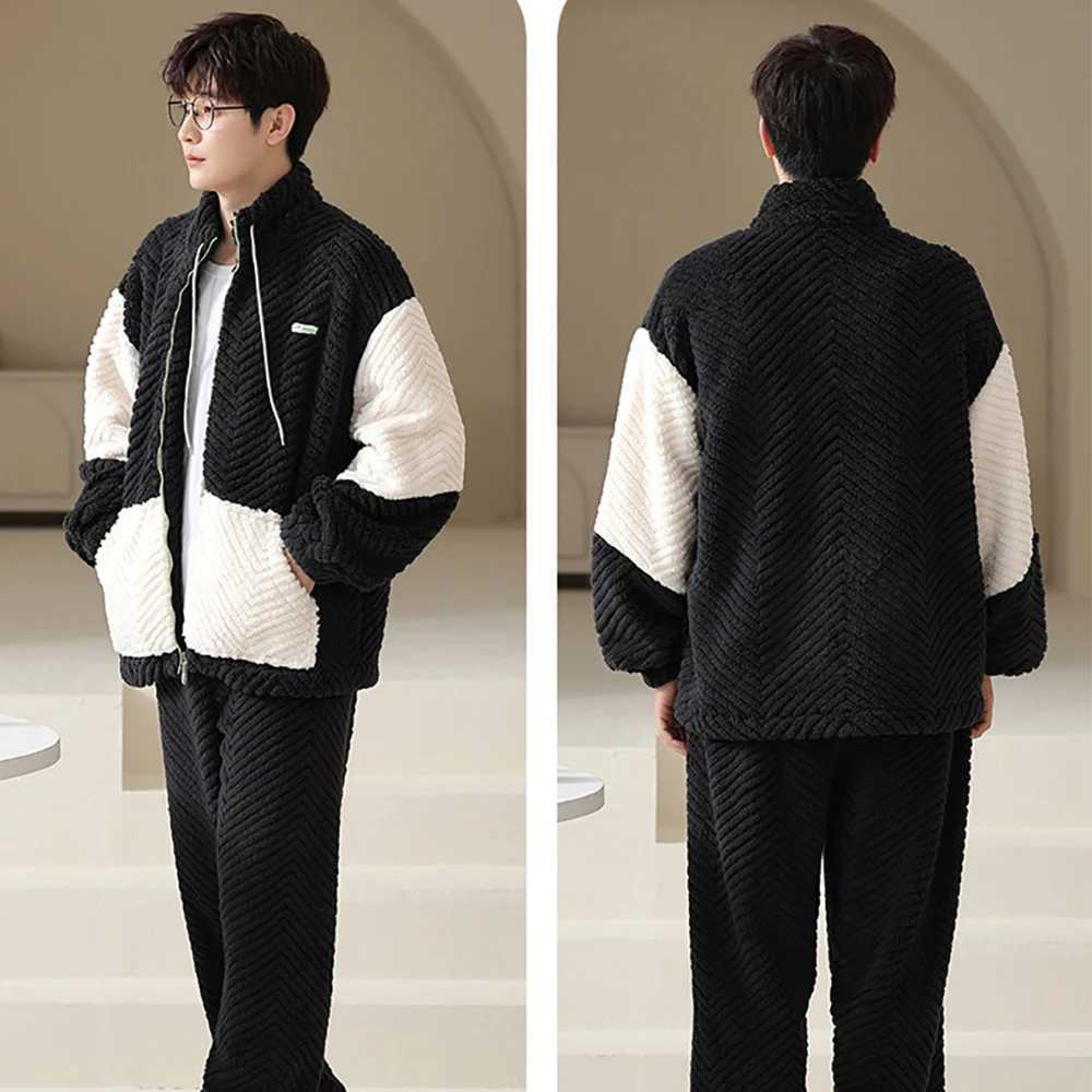Winter Warm Flannel Thicken Plush Sleepwear Mens Pajama Sets L-3XL Simple Casual Zipper Pajamas Comfortable Soft Pijama Hombre Y240913