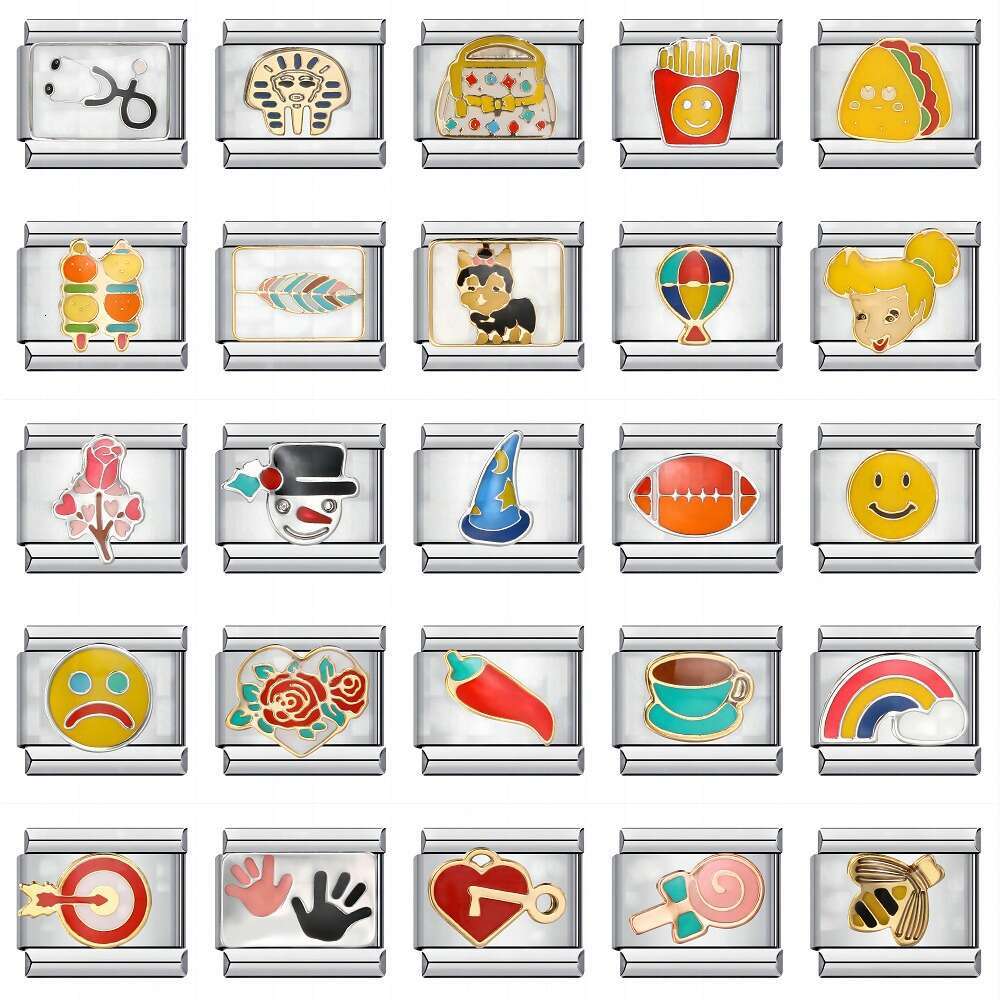 New Titanium Steel Gold Plated Personalized Enamel DIY Bead Italian Charm Bracelet Italian Charm Links Fit 9Mm Bracelet Jewelry DIY Making Gifts