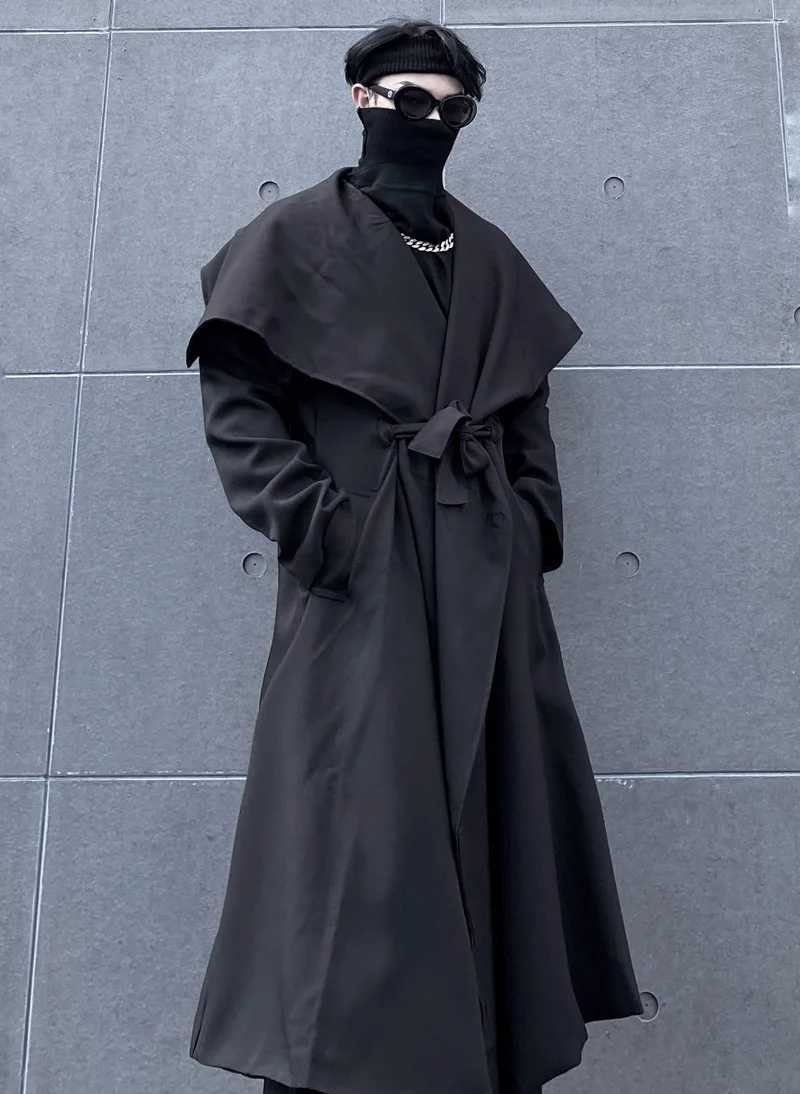 Mens Long Windbreaker Black Loose Large Windbreaker Coat Spring And Autumn New Mens Ins Personality Super Large Neckline Y240913