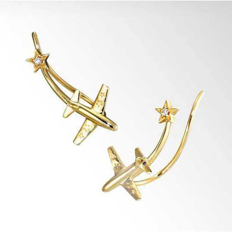 925 Sterling Silver Airplane Star Clip Earrings for Women 2023 Trend Pentagram Zircon Ornament Ear Hook Banquet Fashion JewelryX240913