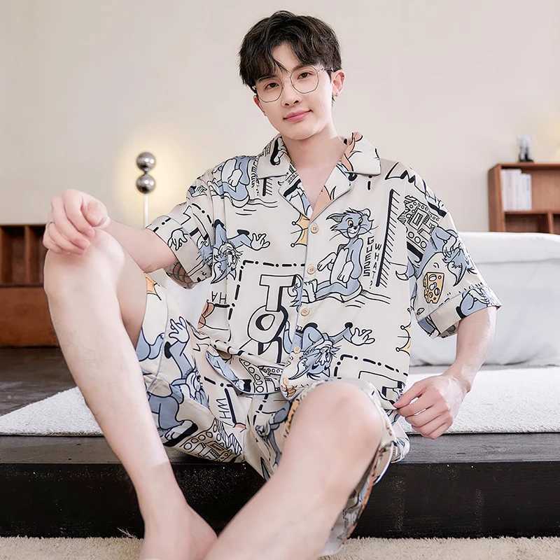 2024 Summer Men Sleepwear Big Size Pajamas Male Ice Silk Cute Pijama With Shorts Pants Satin Nightwear Clothes Modern Nightgown Y240913