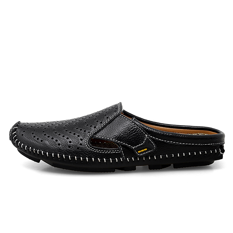 New Genuine Leather Men's Slippers Summer Breathable Casual Mules Light Half Shoes For Men Outdoor Anti-slip Driving Loafers Man