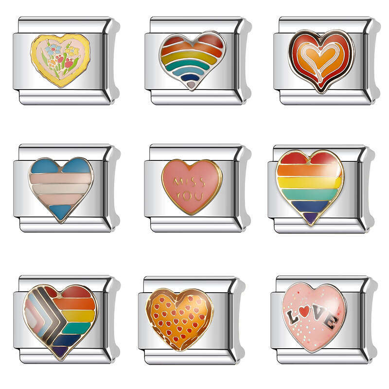 New Women's Gift 2024 rainbow heart Bead Italian Charms Links Bangle Beads Fit 9mm Stainless Steel Bracelet Making DIY For Women Fashion Jewelry