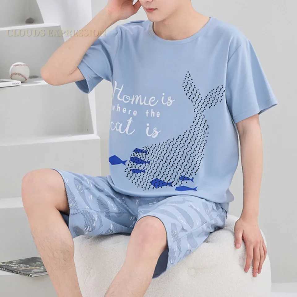 Summer 4XL Knitted Cotton Short Sleeved Mens Pajamas Sets Male Pajama Set Plaid Pajama For Men Sleepwear Suit Homewear Size Y240913
