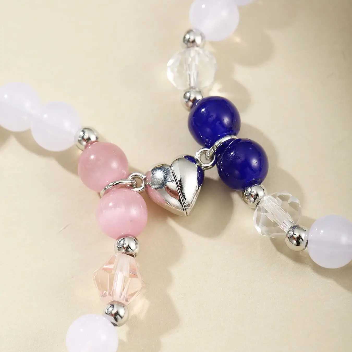 2 cute cat pendant heart-shaped magnetic bead elastic couple bracelet Bff trend jewelry gift W240913