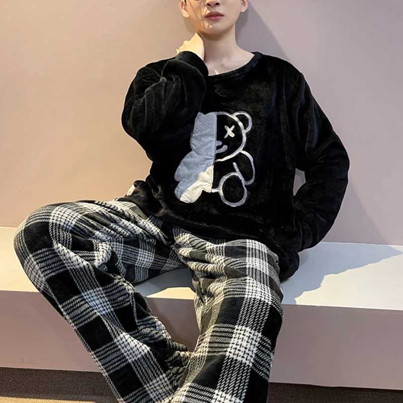 2pcs/Set Mens Pajamas Homewear Autumn And Winter Padded And Thickened Warm Flannel School Uniform Pajamas Coral Fleece boy clot Y240913