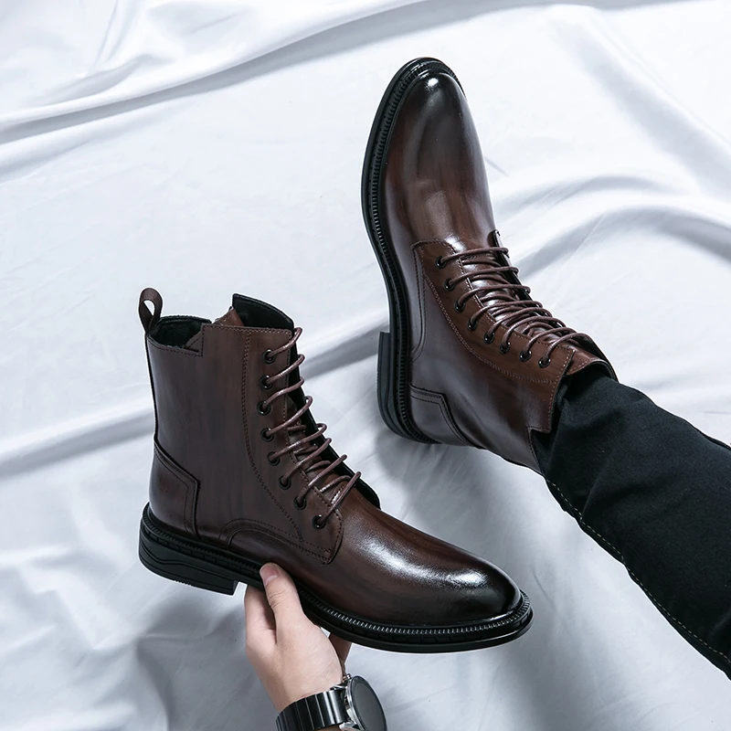 Mens 2024 High Top British Style Thick Bottom Motorcycle Leather Black Laced Denim Round Toe Side Zipper Punk Boots d8cb