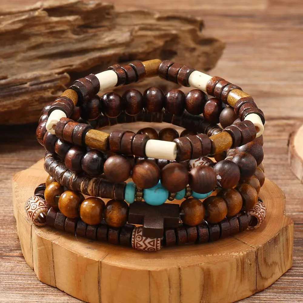 Cross Life Tree 5-piece/set retro bronze ethnic leisure wood bead feather charm leather womens bracelet mens jewelry W240913