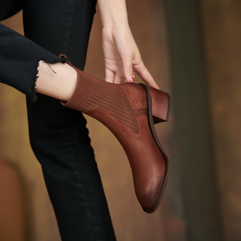 NEW Ankle Boots for Women Genuine Leather Round Toe Chunky Heel Winter Modern Boots Women Concise Vintage Knitting Short Boots