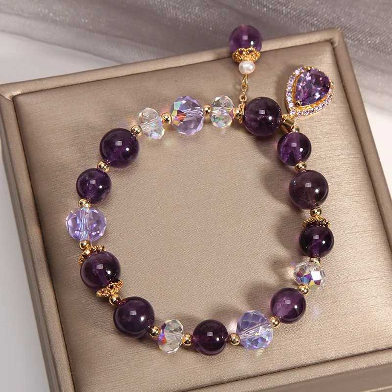 FEEHOW 2024 New Amethyst Bead Bracelet Suitable for Women Shining Zircon Flower Water Drop Charm Fashionable Party Handmade Jewelry W240913
