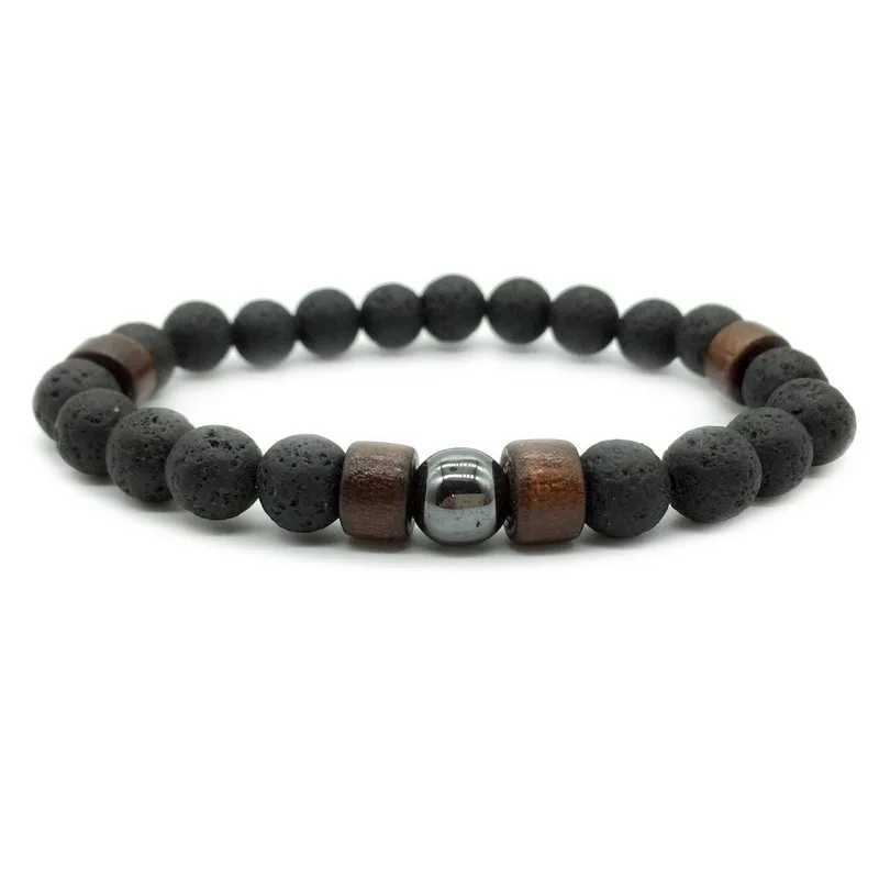 8mm Volcanic Stone Bracelet Mens Lava Wood Bead Bracelet Xizang Buddha Mens Wrist Chain Jewelry Handmade Elastic Bracelet W240913