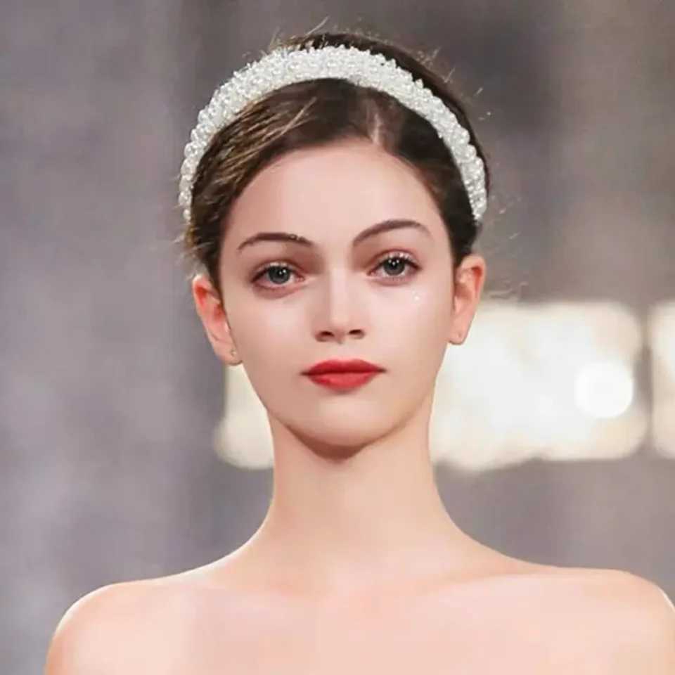Handmade Pearl Thick Bead Headband For Women Anti Slip Patterned Fluffy Headband Bridal Wedding Hair Accessories GiftX240913