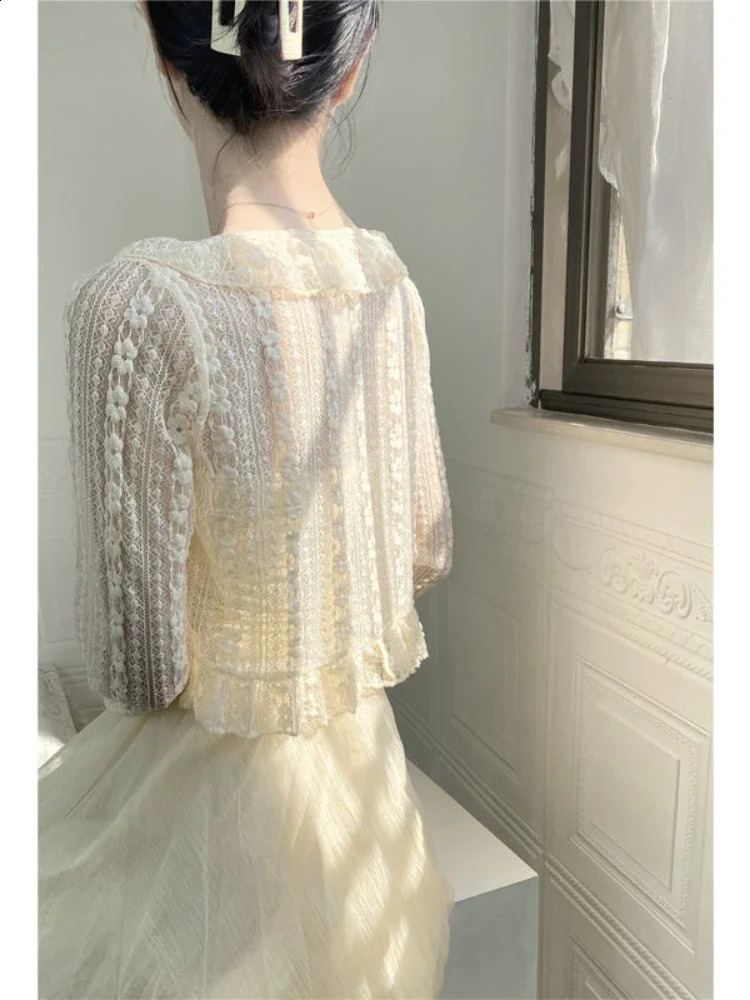 Summer Apricot Lace Belt Women Cardigan Korean Fashion Vneck Long Sleeve Cropped Tops Sweet Slim Thin Sunscreen Jacket Female 240910