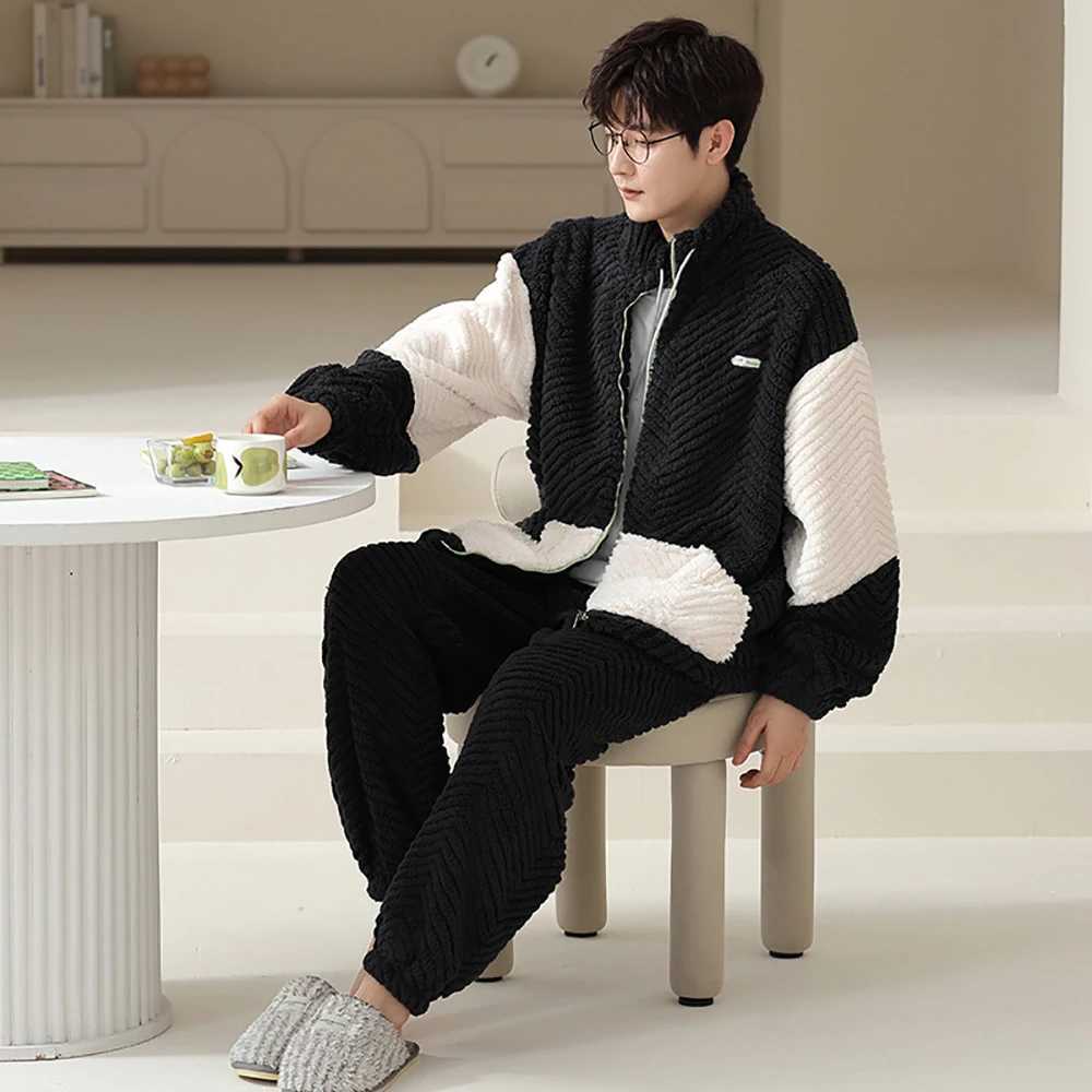 Winter Warm Flannel Thicken Plush Sleepwear Mens Pajama Sets L-3XL Simple Casual Zipper Pajamas Comfortable Soft Pijama Hombre Y240913