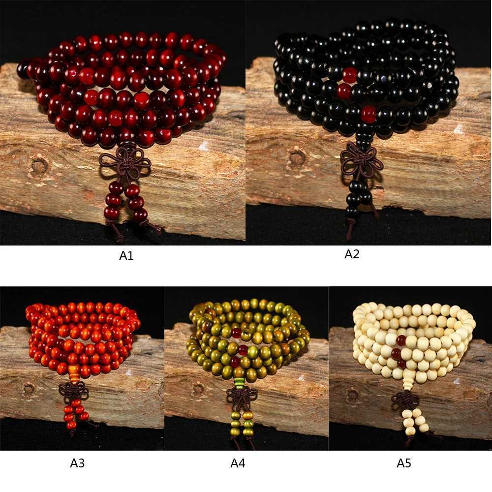 108 beads 8mm natural sandalwood Buddhist meditation bead bracelet mens prayer bead rose pendant decoration W240913