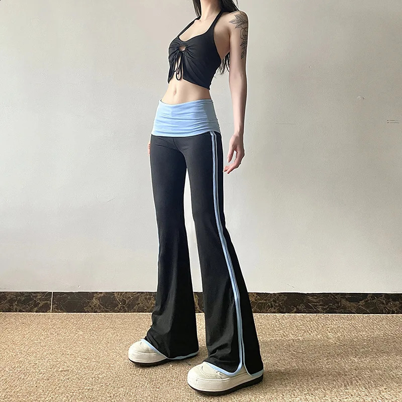 Y2K side striped glitter pants for womens streetwear contrasting color patches work boots cut sports retro Trouser low waist 240913