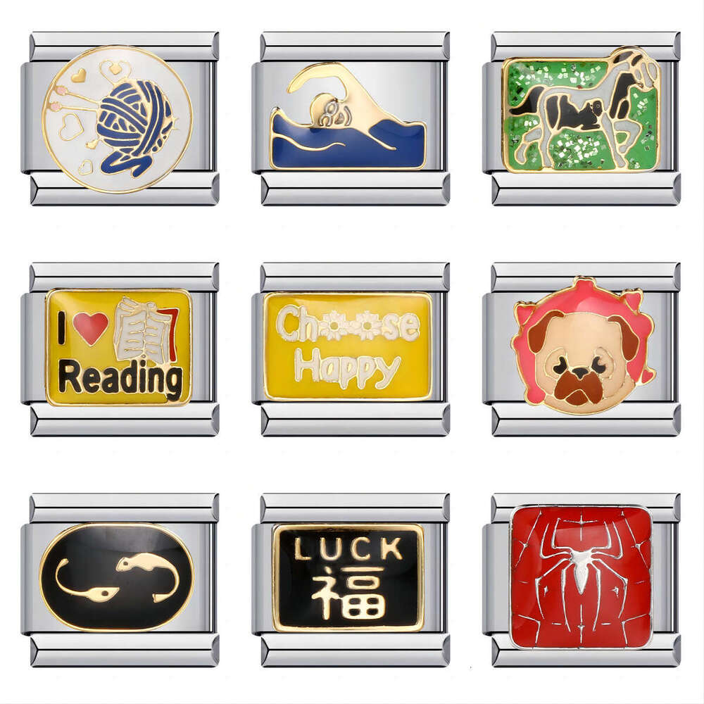 New Titanium Steel Gold Plated Welding Drip Oil DIY Module Italian Charm Bracelet Italian Charm Bracelet Fit 9mm Bracelet Jewelry DIY Making Gifts