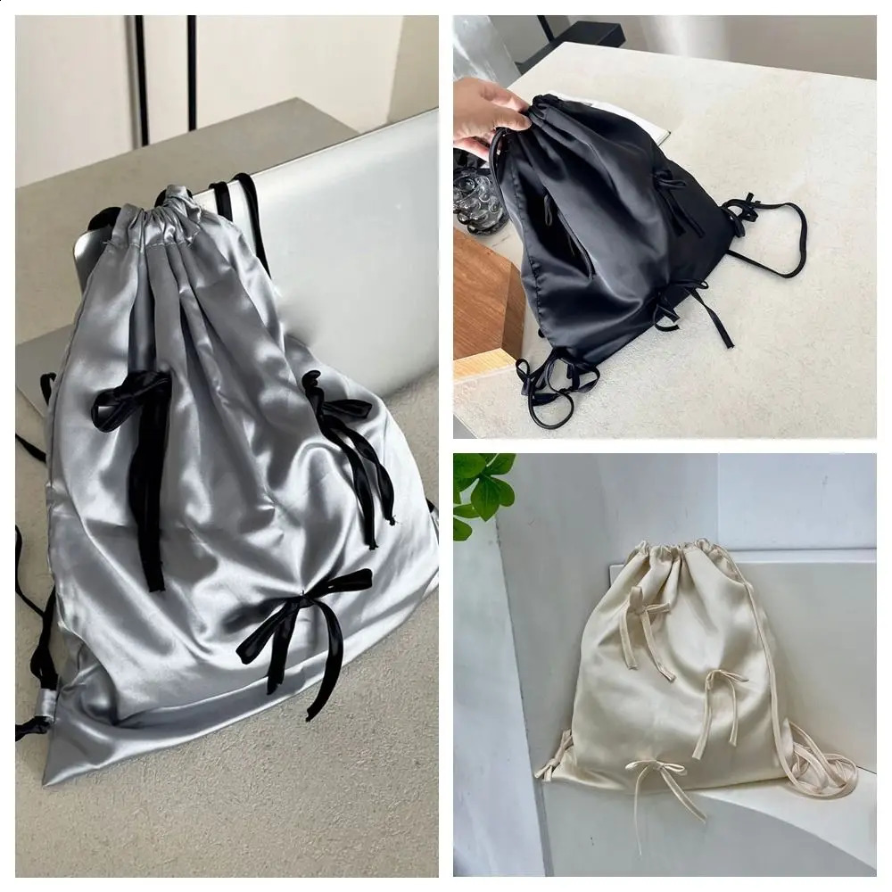 Creative Satin Bow Drawstring Backpack Large Capacity Y2K Travel Backpack Korean Shoulder Bag School Bag 240912