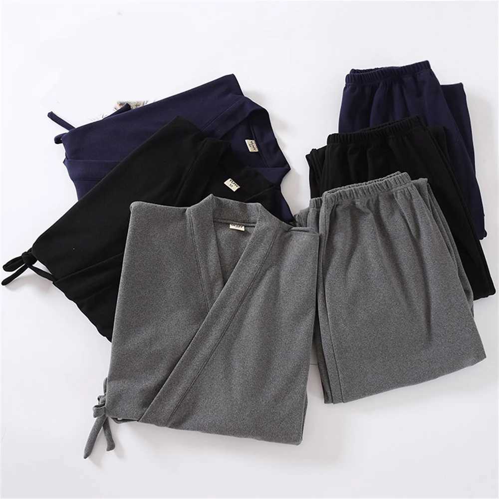 Autumn Winter Thick Mens Kimono Pajamas Suit Lace-up Yukata Tops Elastic Waist Trousers Set Home Costumes Boy Sleepwear Gift Y240913