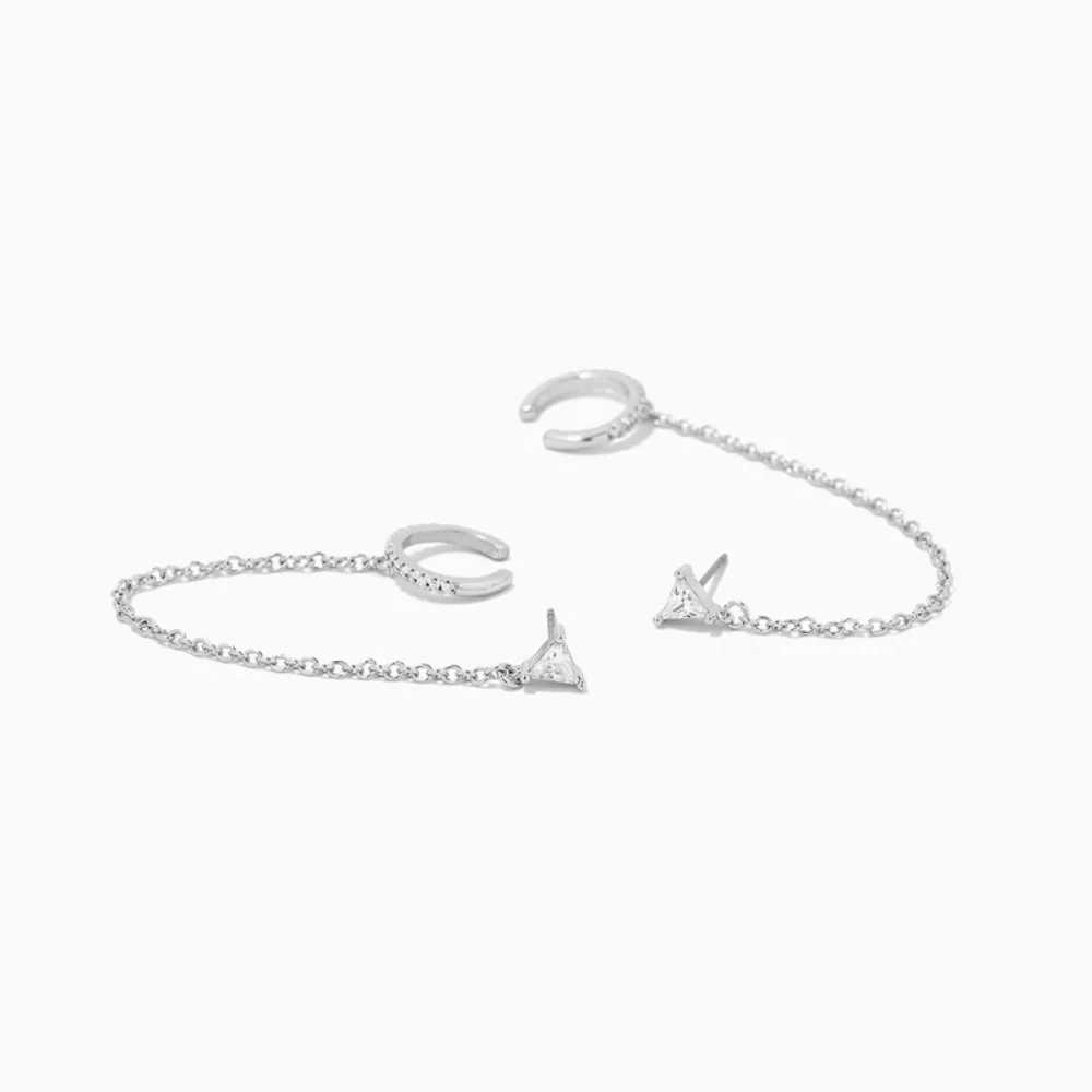 Aide 925 Sterling Silver Clear CZ Zircon Pave Ear Cuffs With Long Chain Tassel Triangle Crystal Piercing Studs For Women JewelryX240913