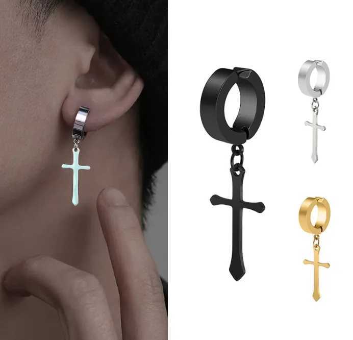 2 Pcs Stainless Steel Clip On Earrings For Women Men Black Gold Color Cross Gothic Punk Rock Drop Pendiente Non Piercing JewelryX240913