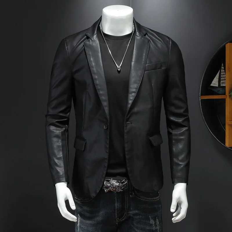 2023 New Trend Slim Fit Leather Coat Suit Mens Single Button Leather Coat Casual Small Suit Mens Korean Popular Jacket TrendX240913