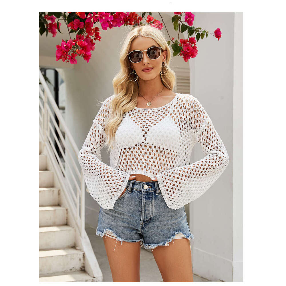 Hollow mesh knitted sweater with sexy and trendy style exposed navel top womens loose thin air-conditioned shirt