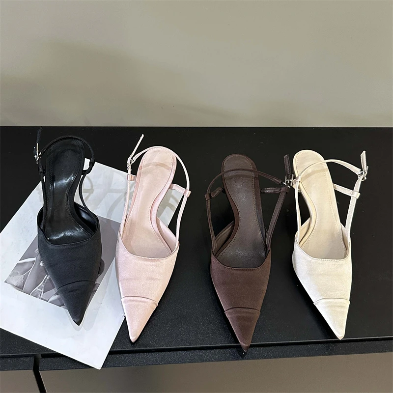 Eilyken High Quality Satin Buckle Strap Women Pumps Sandals Fashion Shallow Thin Heels Pointed Toe Sgback Mules Shoes cbdf