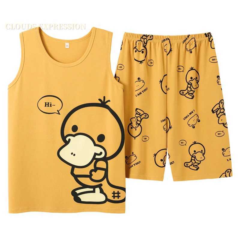 Summer Knitted Cotton Cartoon Duck Mens Pajama Sets Mens Sleep Lounge Sleeveless Shorts Pants Couple Pajamas Fashion Homewear Y240913