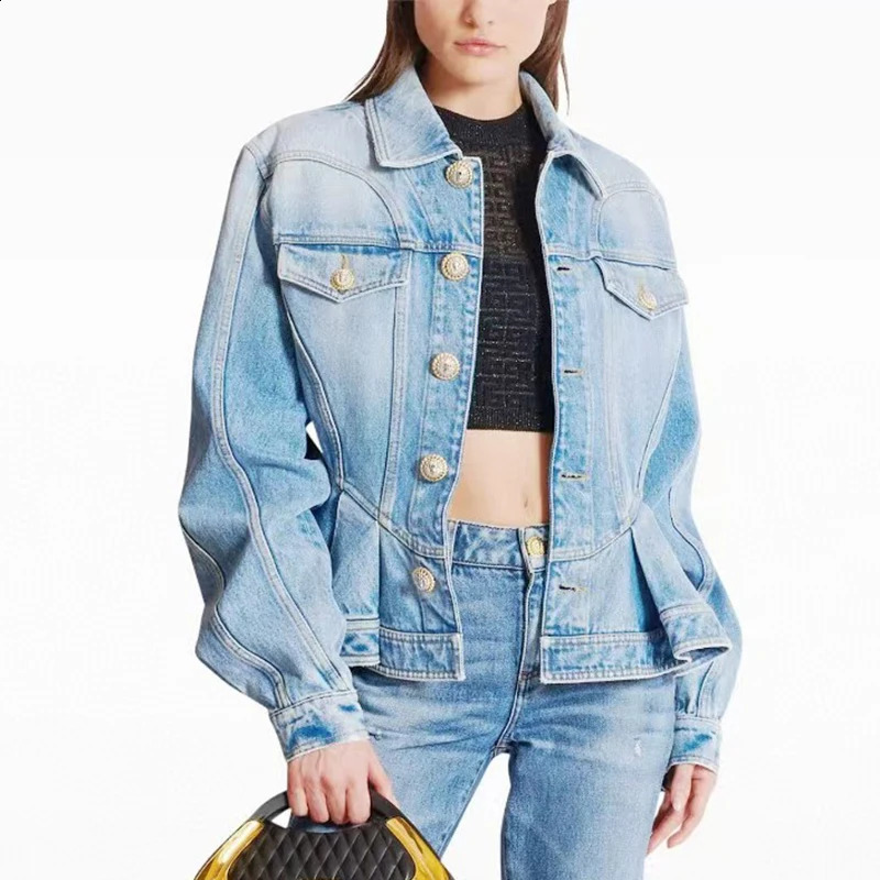 Womens shoulder strap denim jacket metal button decoration lapel long sleeved shoulder strap high-quality washed cotton autumn 240906