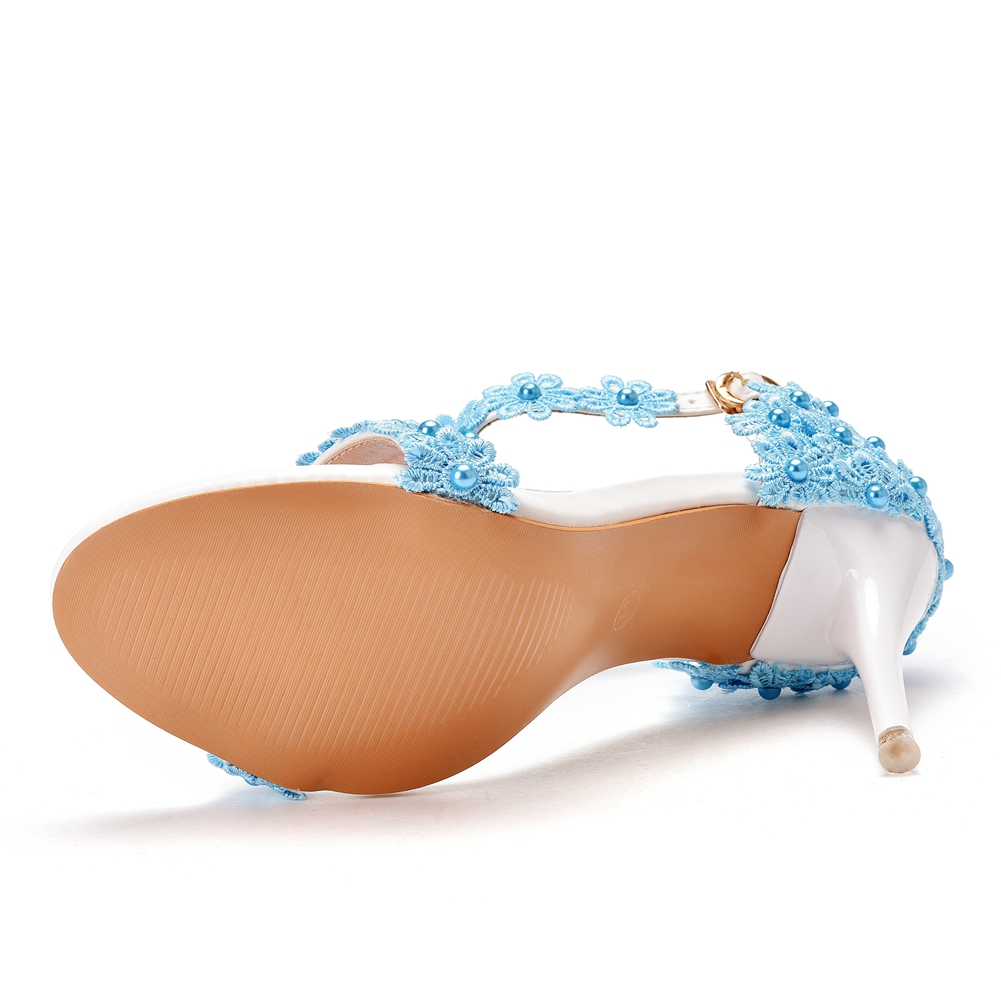 Crystal Queen Women Sandals Sky Blue Lace Flowers Pearl Tassel Bridal 9cm Fine High Heels Slender Pumps Wedding Shoes