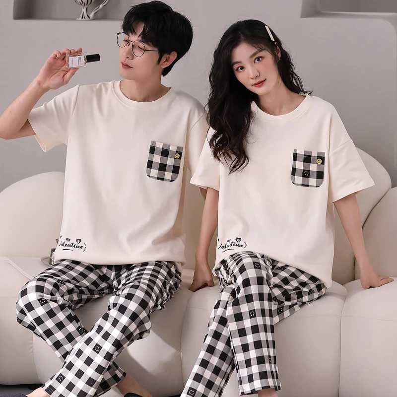 Summer Short Sleeve Pyjamas Lovers Cotton Couple Pajama Sets Women/Men Sleepwear Fashion Sport style Nightgown Home Clothes Y240913