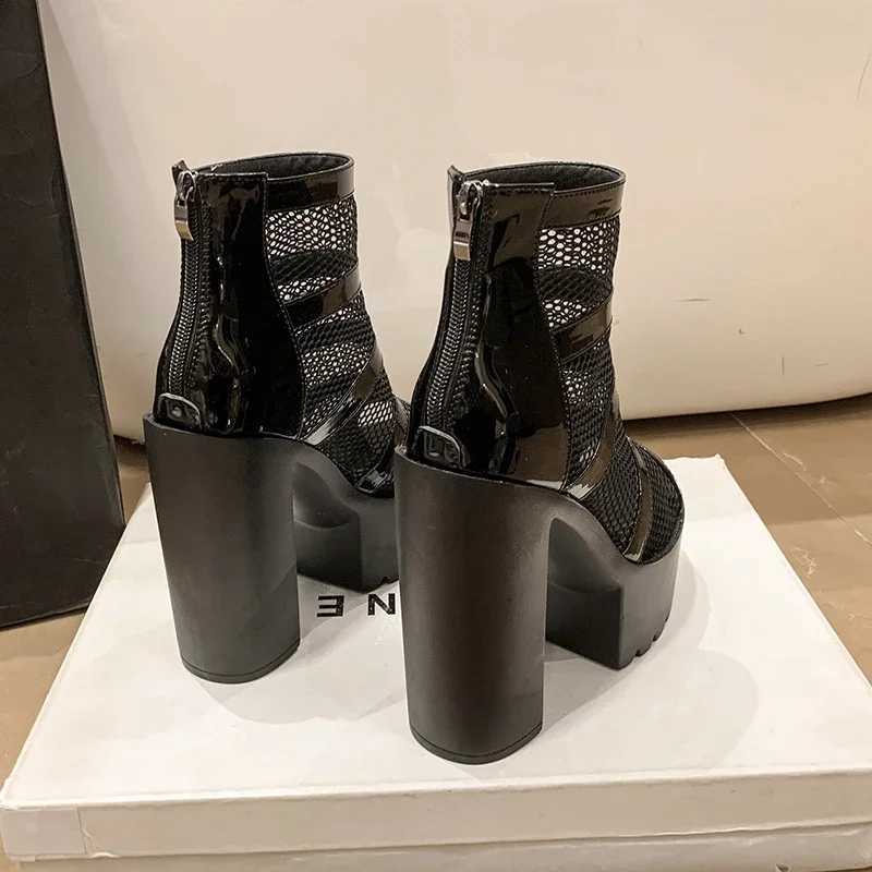 Black 14CM High Heels Sandals Gothic Peep Toe ZIpper Ankle Boots Women Breathable Mesh Summer Waterproof Platform Boot M240912