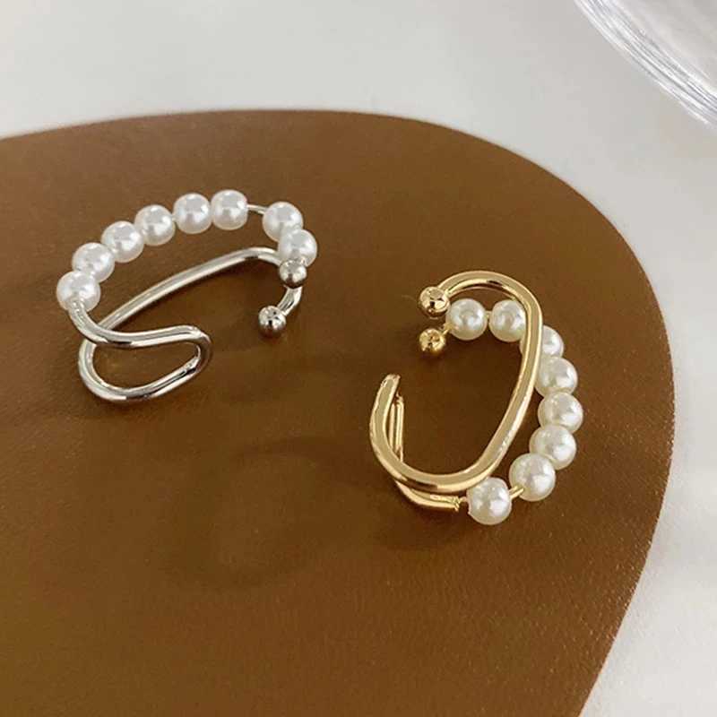 New Korean Retro Gold Silver Color Double Layers Pearl Earcuff Fake Piercing Clip on Ear Cuff Earrings for Women Fashion JewelryX240913