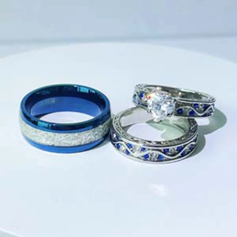 Fashionable romantic couple ring fashionable womens heart-shaped zircon ring set mens blue stainless steel ring wedding jewelry gift 240912