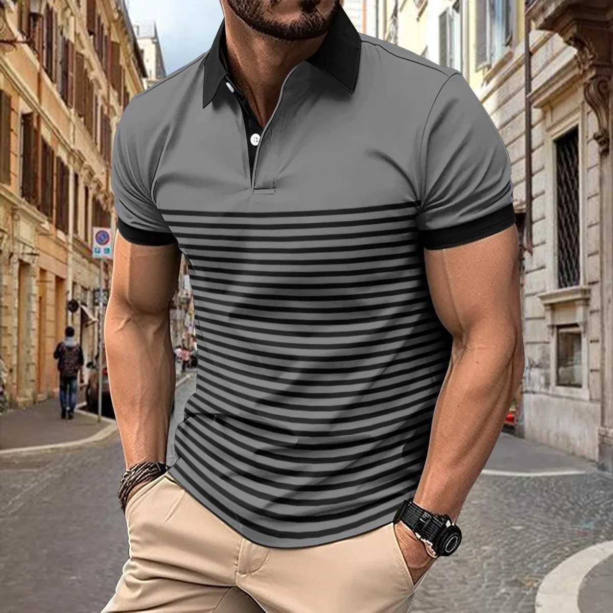Mens polo shirt Spring and Autumn mens long sleeved lapel button pocket top sports polo shirt loose fit W240913