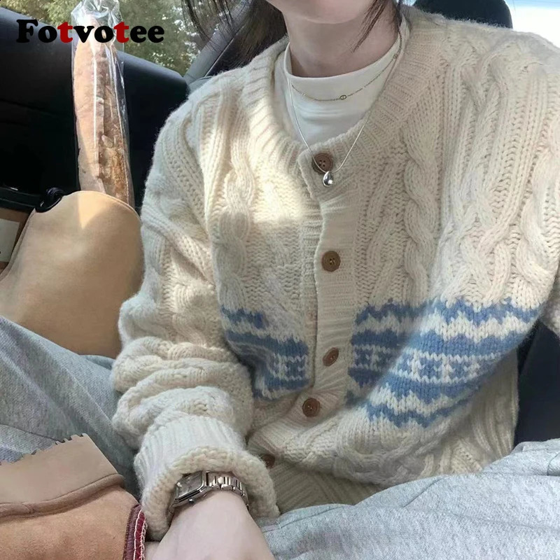 FOTVOTEE Sweater for Women Single Breasted ONeck Knitted Coat Autumn Stretch Fashion Long Sleeve Female Cardigans 240904